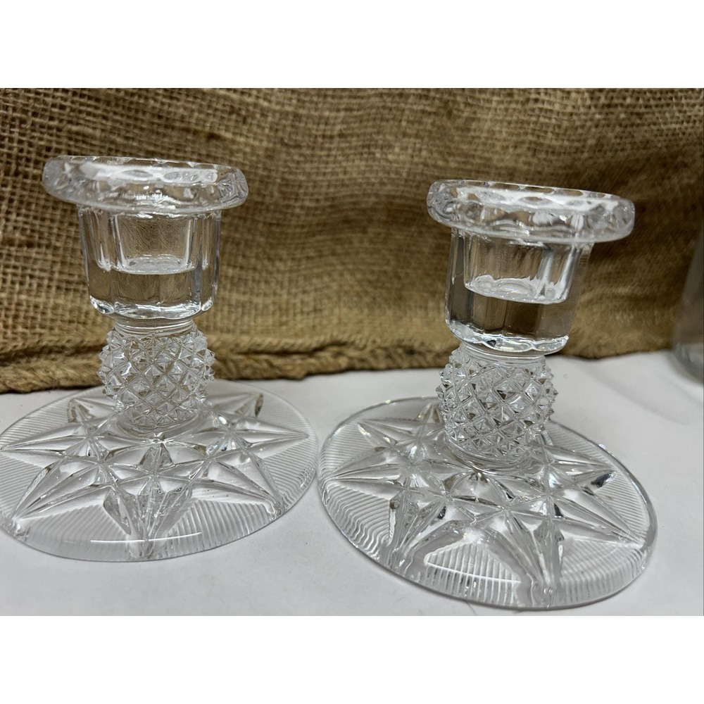 Set of 2 Clear Crystal Glass Candle Holders Eight Point Star And Diamond‎ Design - Picture 4 of 9